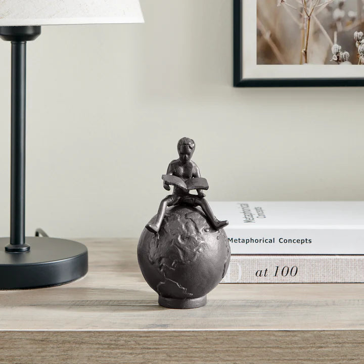 Brown Cast Iron Boy Reading on Globe Sculpture - Tabletop Desk Ornament or Decorative Paperweight