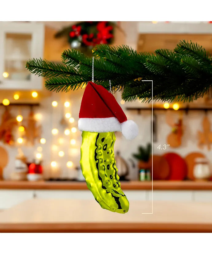 Pickle In Santa Hat Glass Ornament