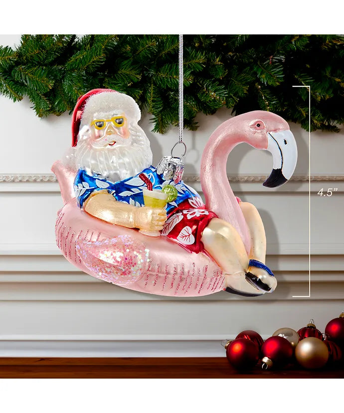 Glass Santa In Flamingo Pool Float Ornament