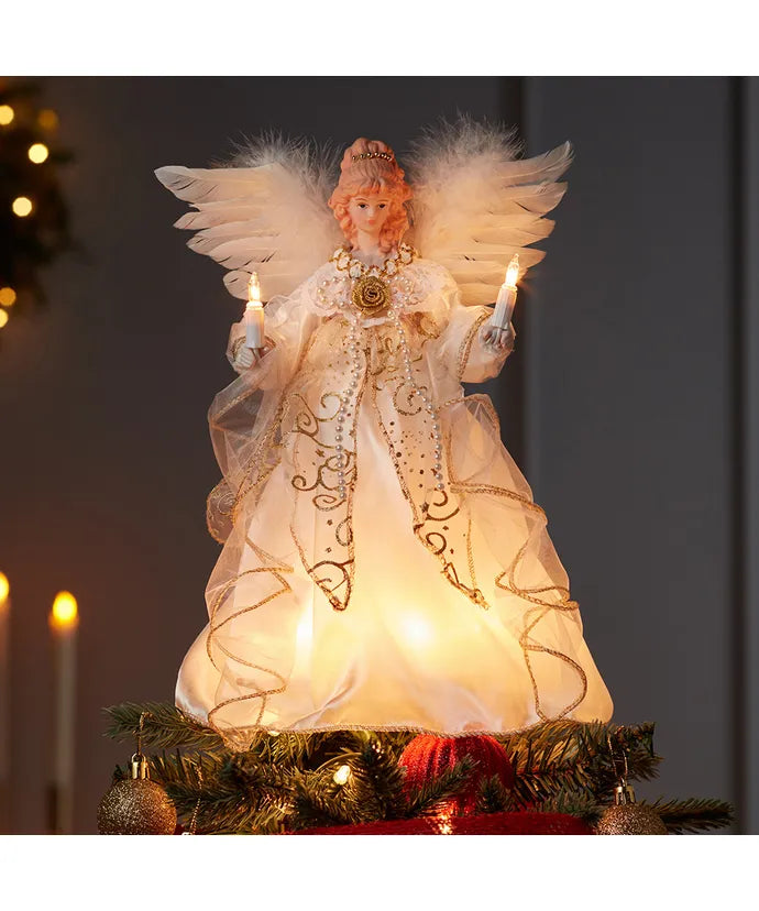 12" UL 10-Light Ivory and Gold Angel Treetop