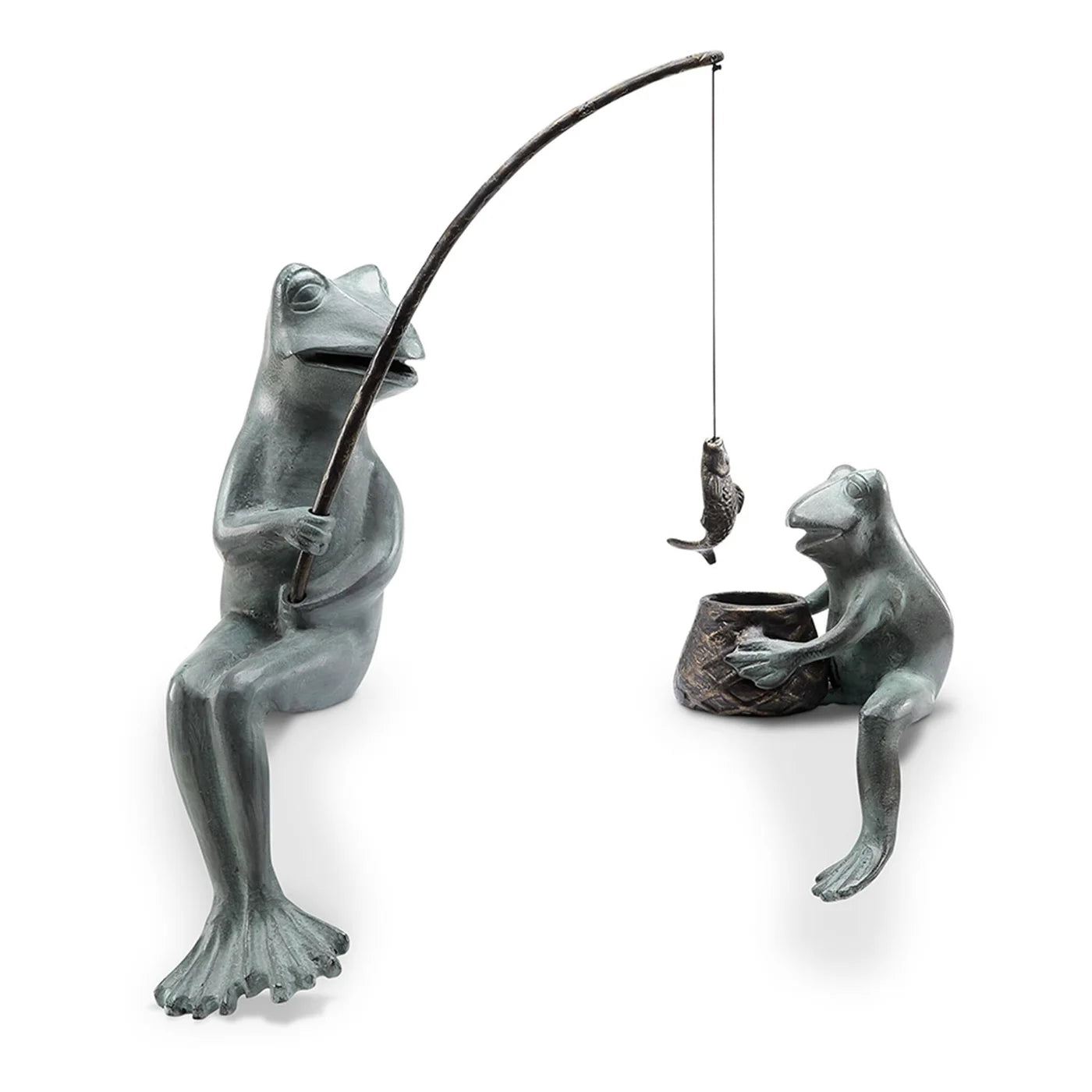 Fishing Frog Mama And Baby Garden Sculpture