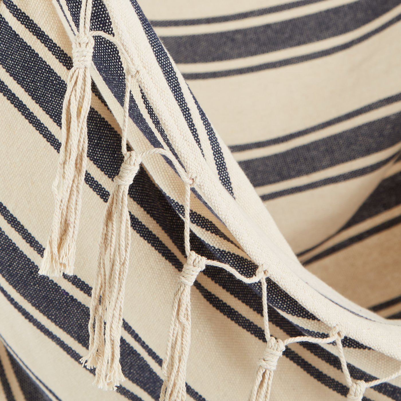 Blue And Cream Ticking Stripe Hammock Chair With Fringe Trim