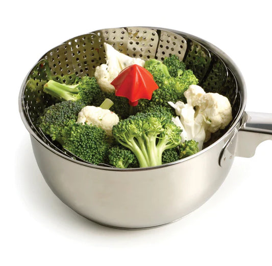9" Red Silicone Feet Stainless Steel Umbrella Steam Basket