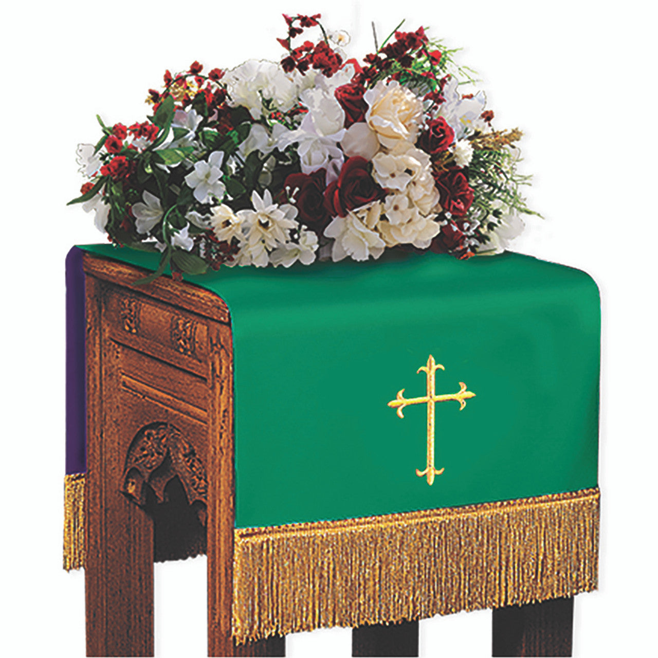 Reversible Fleur-de-Lis Cross Flower Stand Cover - Hunter Green/Purple