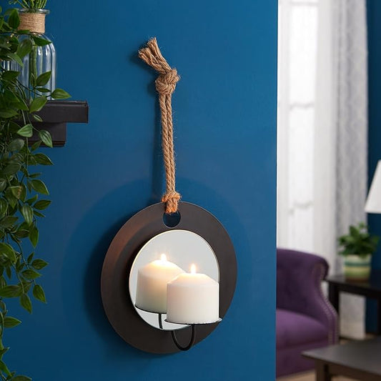 Round Rustic Pillar Candle Sconce With Rope & Mirror – A Unique Hanging Wall Accent