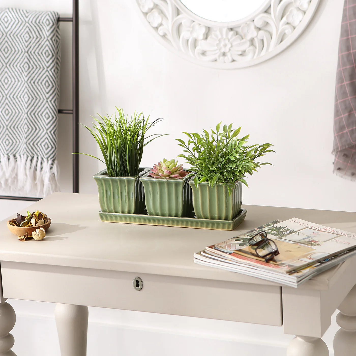 Green Square Ceramic Small Planter Set Of 3