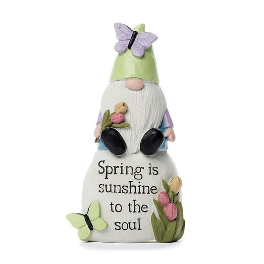 Garden Gnome With Green Hat Sitting On Stone Figurine