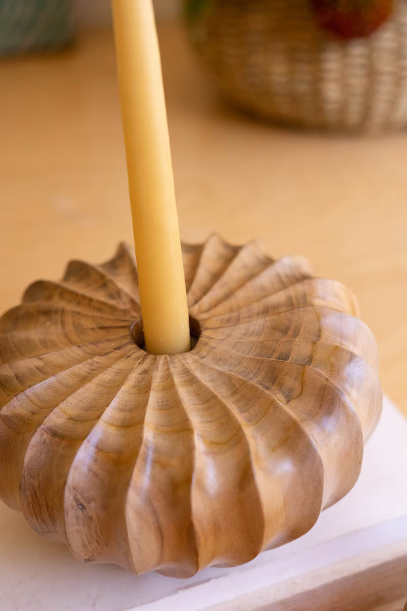 Set of 2 Carved Teakwood Pumpkins Taper Candleholders