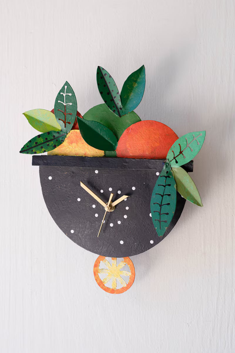 Hand-Painted Fruit Wall Clock with Moving Pendulum