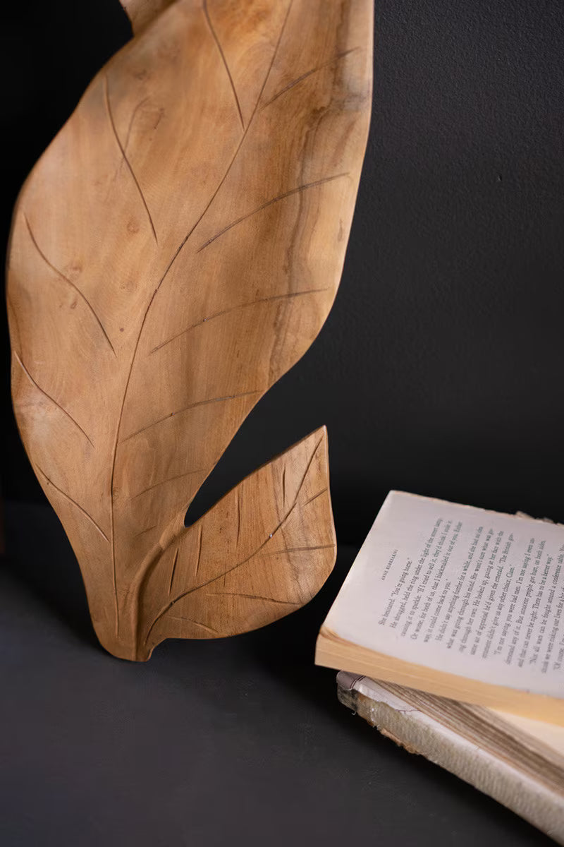 Hand-Carved Teakwood Tabletop Leaves Sculpture