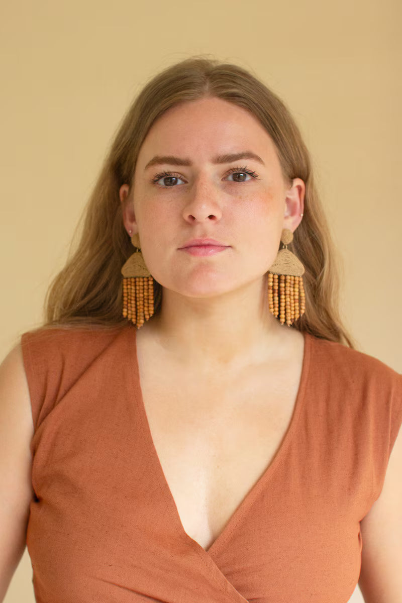 Raffia and Mango Wood Beaded Earrings