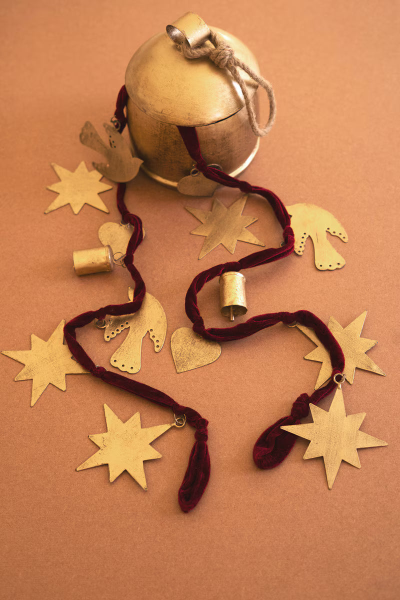 Christmas Charm Garland with Maroon Velvet Ribbon