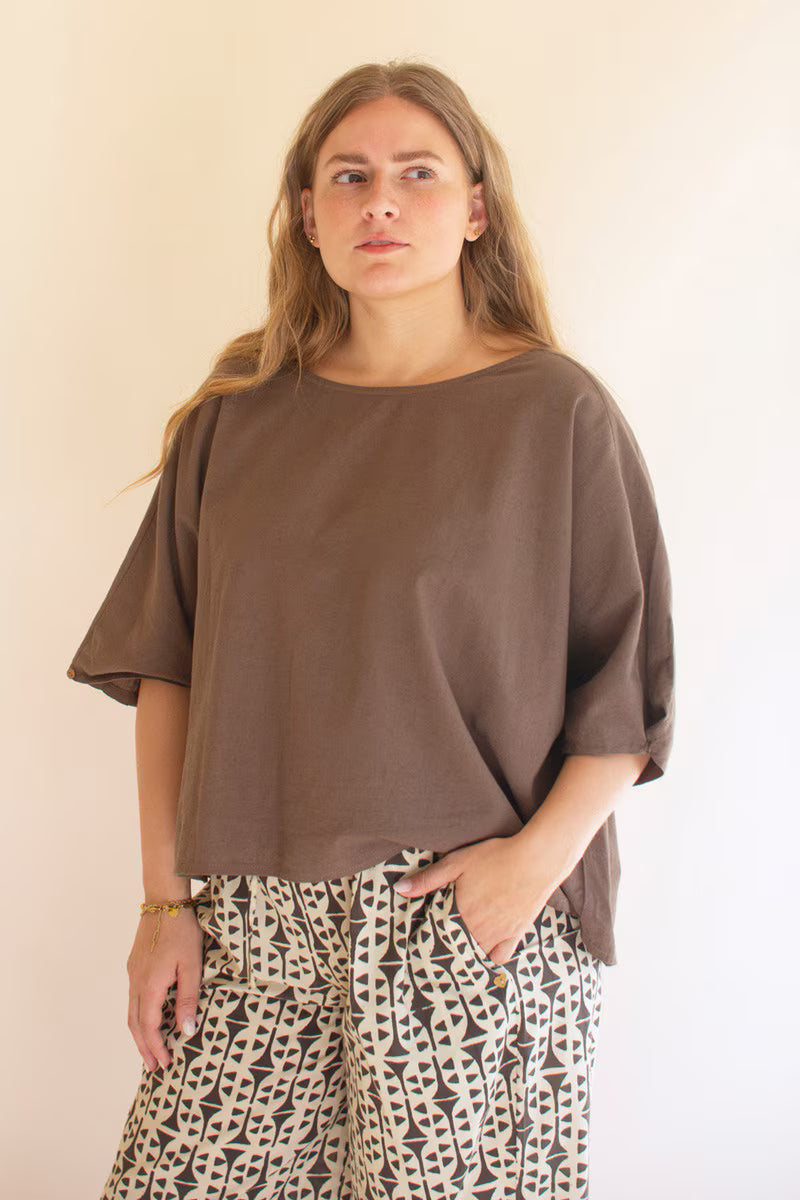 Oregano Short-Sleeve Blouse with Button Detail on Sleeves