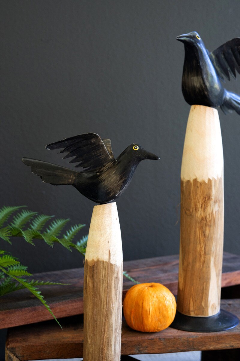 Set of 2 Black Iron Crows on Wooden Bases