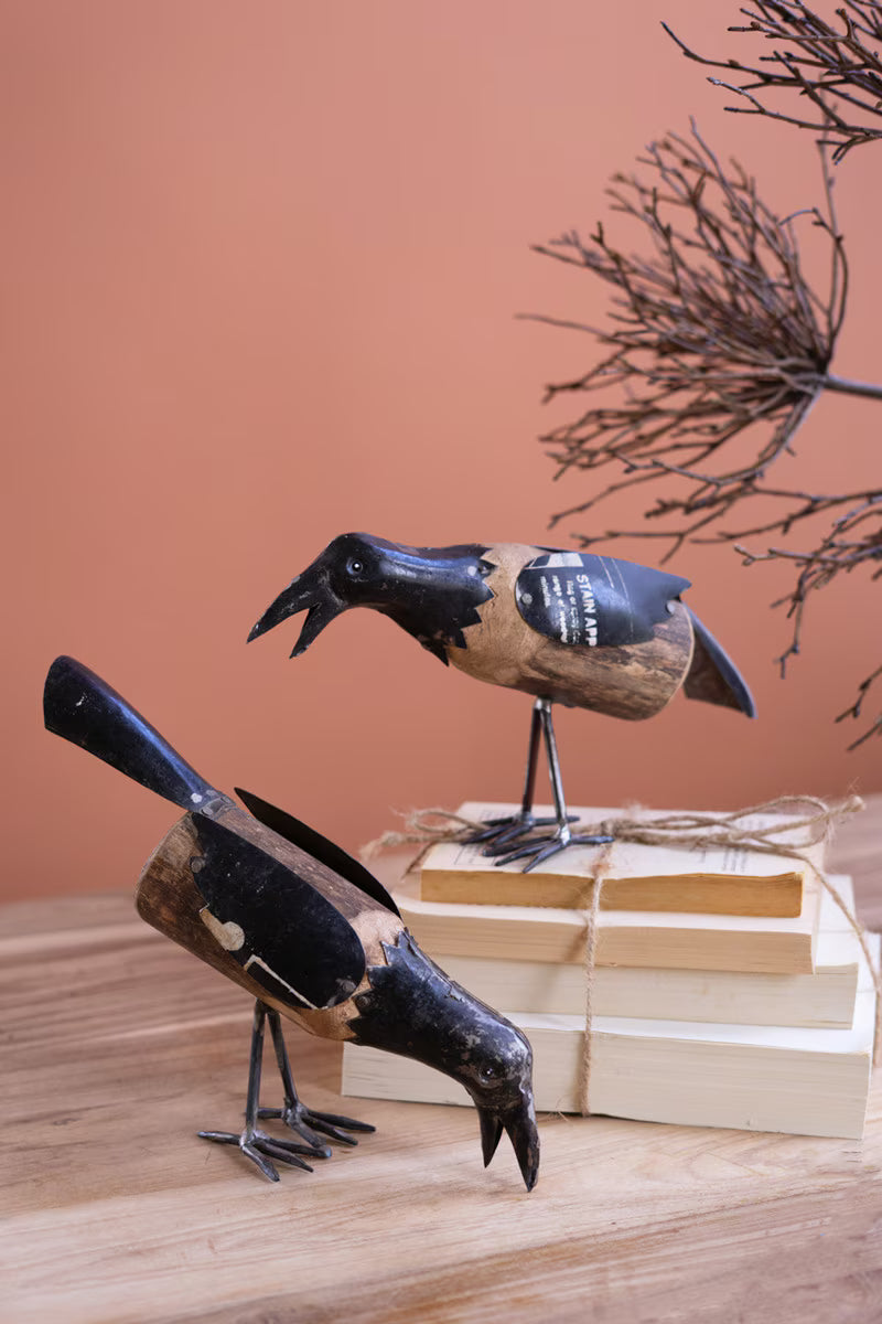 Set of 2 Recycled Metal and Wood Crows