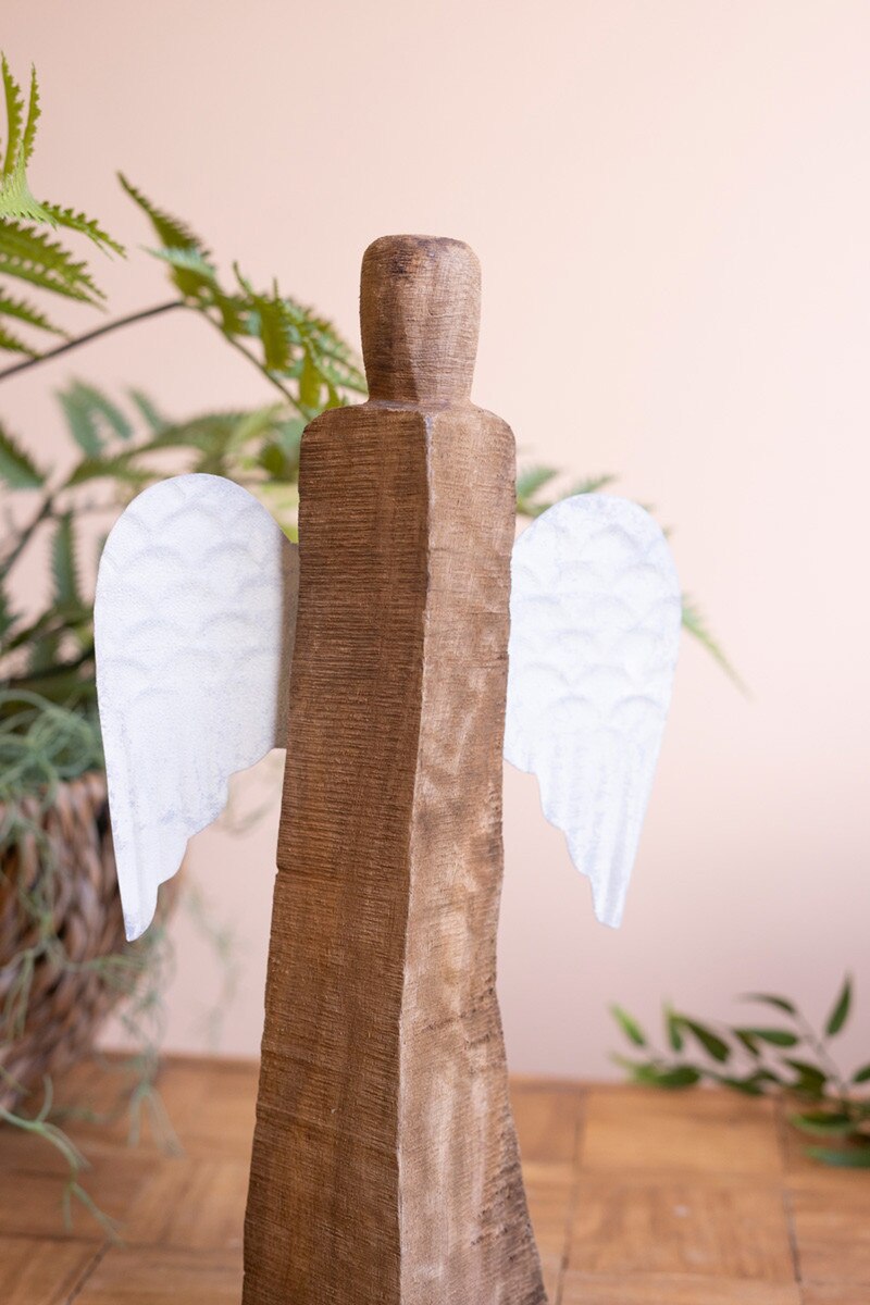 Set of 2 Recycled Wood Angels with Metal Wings
