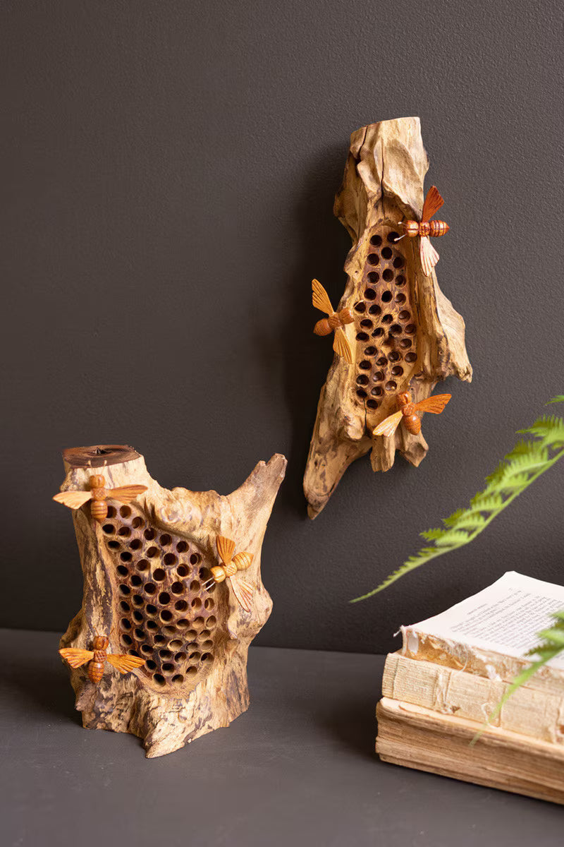 Repurposed Wall Hanging Sculpture with Hand-Carved Bees