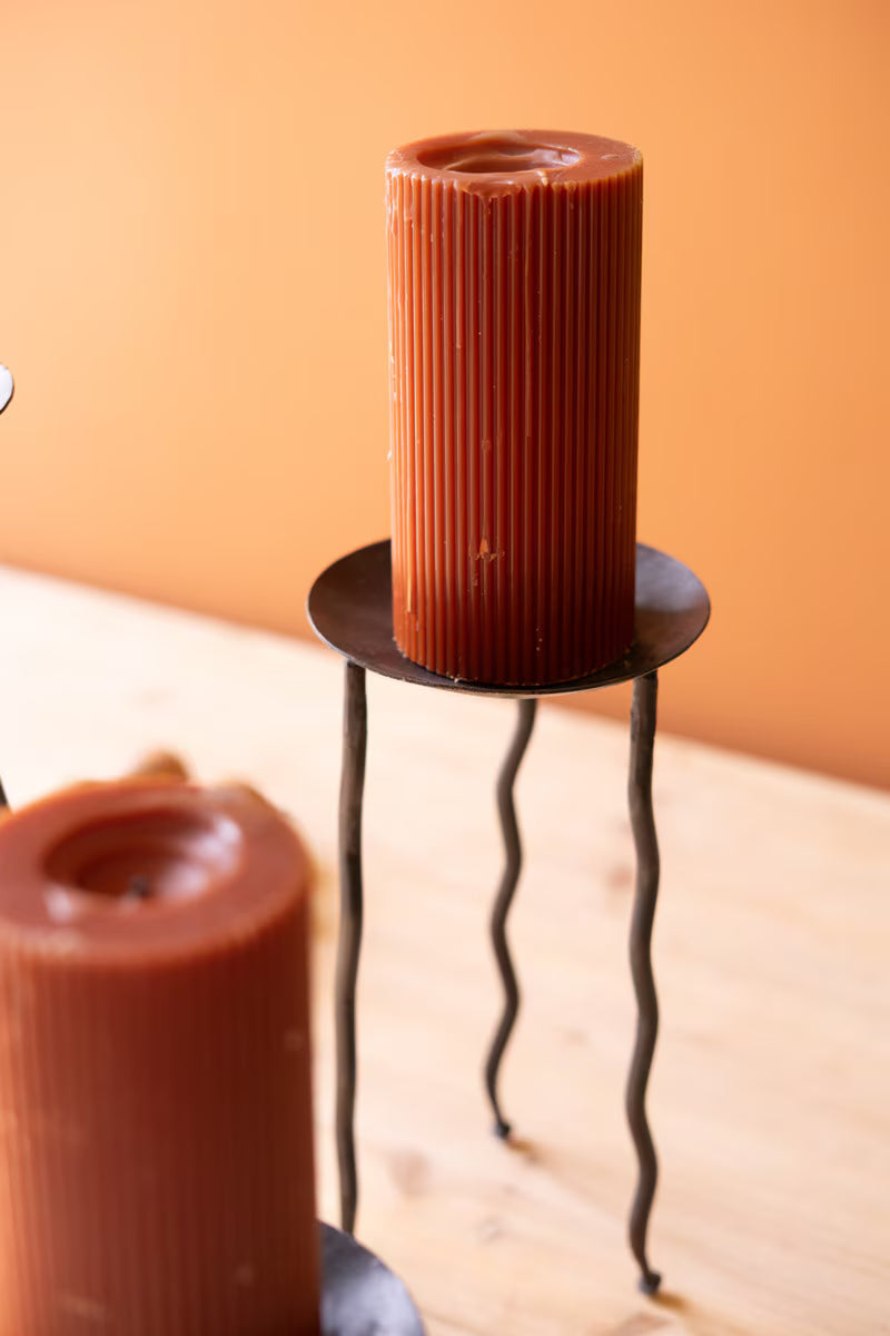 Set of 3 Forged-Iron Rustic Metal Candle Stands with Wavy Legs