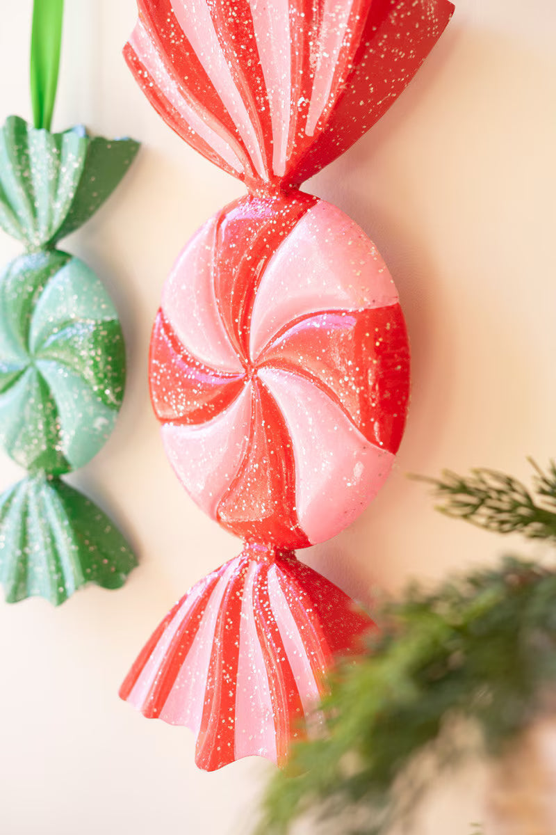 Set of 2 Large Painted Metal Colorful Christmas Candy Ornaments