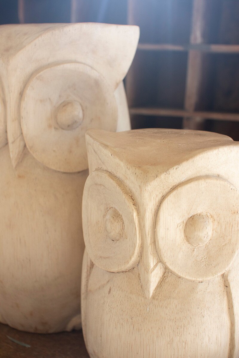 Set of 2 Carved Wood Owls
