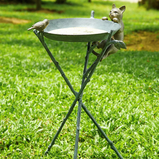 Curious Cat & Bird Birdbath