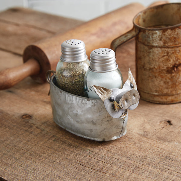 Galvanized Pig Salt And Pepper Caddy