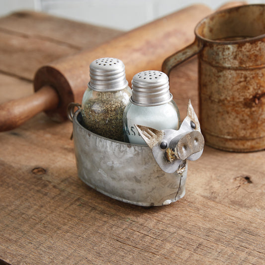 Galvanized Pig Salt And Pepper Caddy