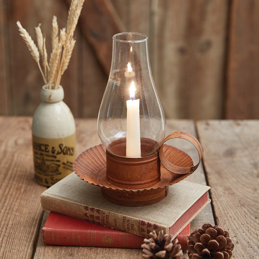 Rustic Chamberstick Candle Holder With Glass Hurricane