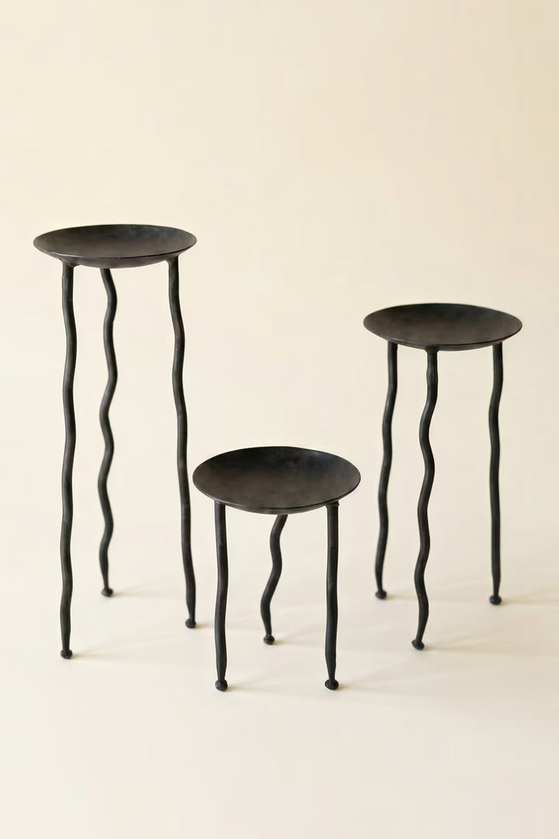 Set of 3 Forged-Iron Rustic Metal Candle Stands with Wavy Legs