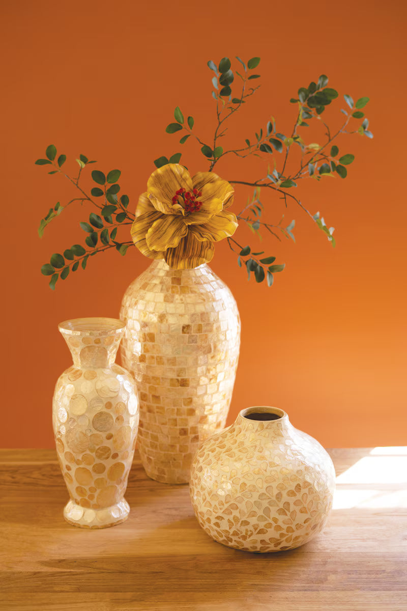 Short Spun Bamboo Vase with Neutral Capiz Shell Detail