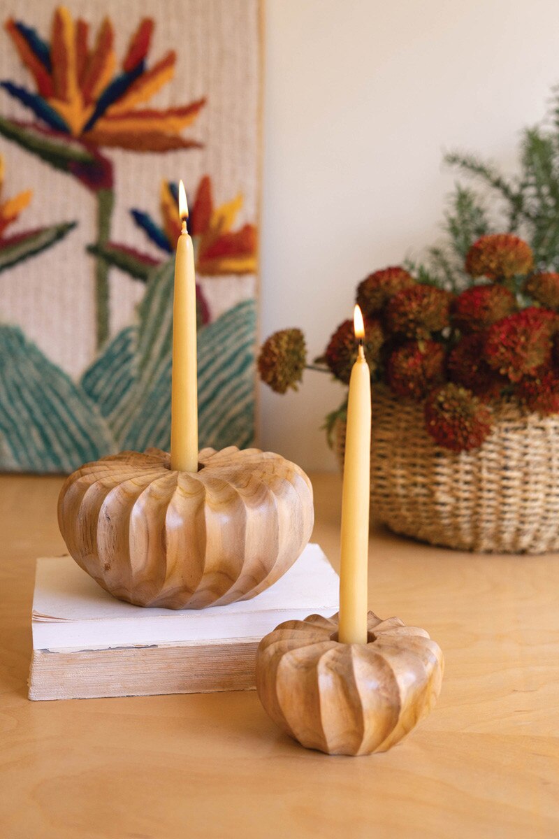 Set of 2 Carved Teakwood Pumpkins Taper Candleholders