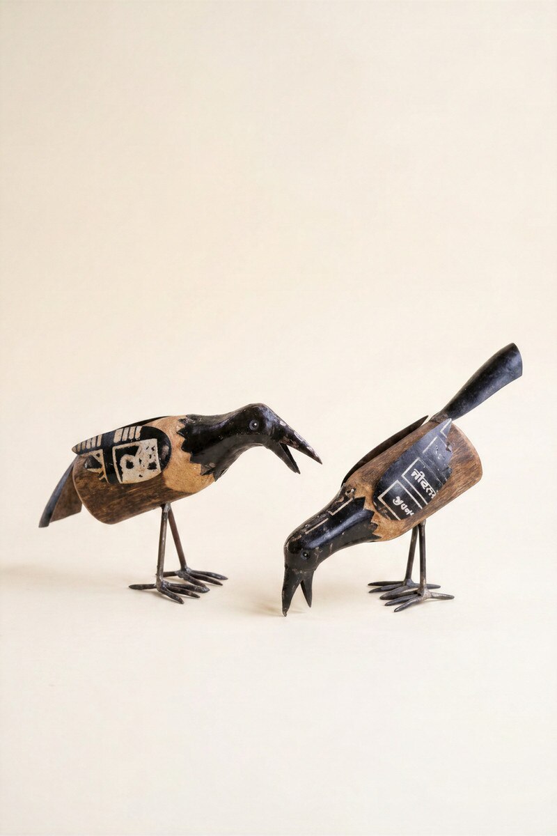 Set of 2 Recycled Metal and Wood Crows