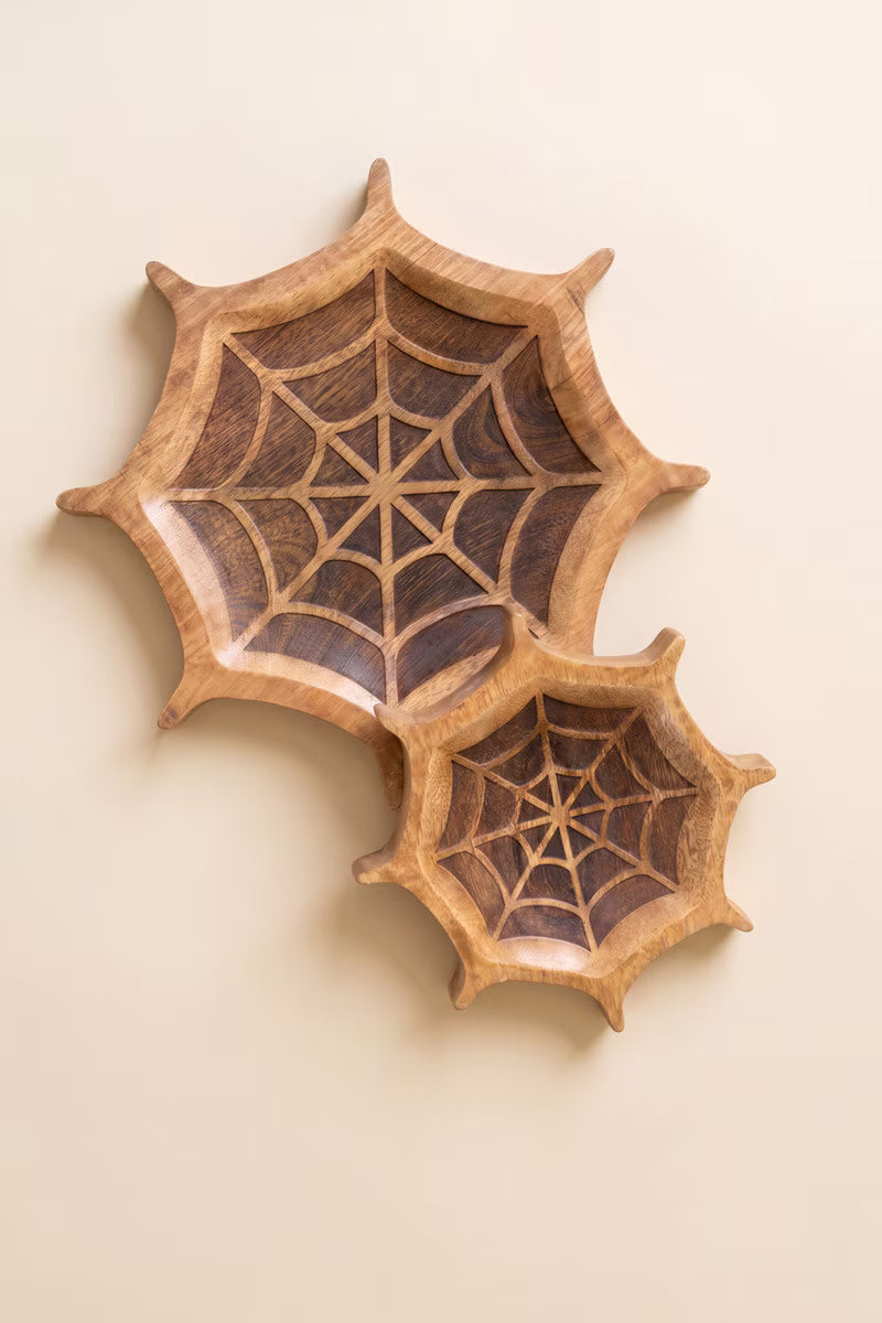 Set of 2 Carved Mango Wood Halloween Spider Web Bowls