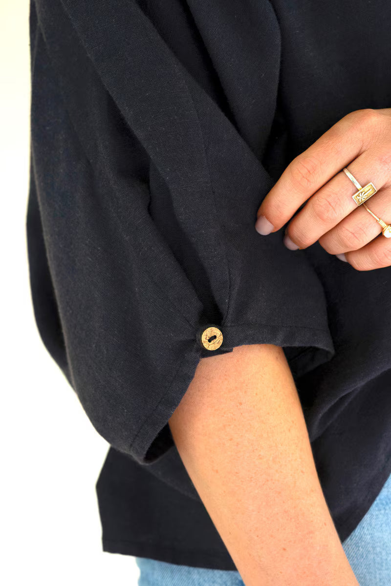 Short-Sleeve Blouse with Button Detail on Sleeves