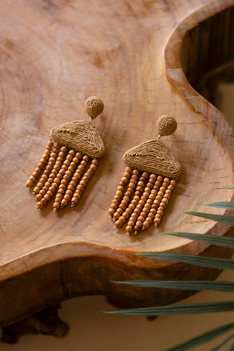 Raffia and Mango Wood Beaded Earrings