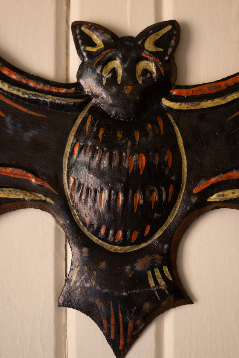Hand-Hammered Painted Metal Bat with Happy Haunting Sign Wall Hanging
