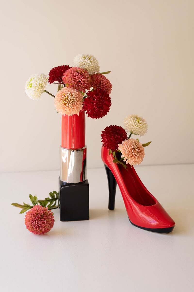 Set of 2 Ceramic Lipstick and High Heel Vases