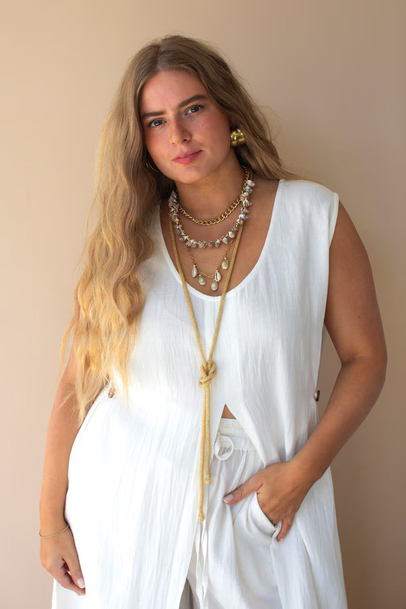 Gold-Tone Chain and Shell Bead Triple Swag Necklace
