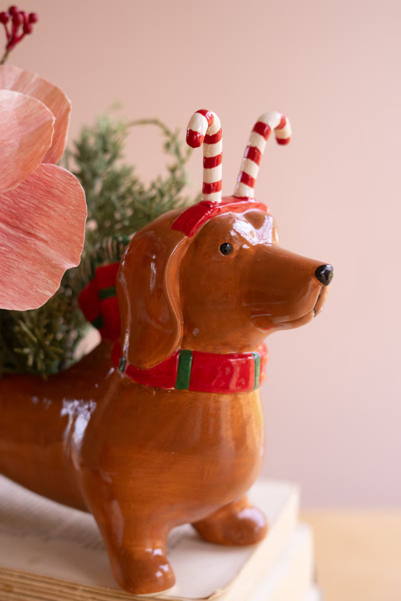 Ceramic Christmas Dachshund Planter with a Candy Cane Headband