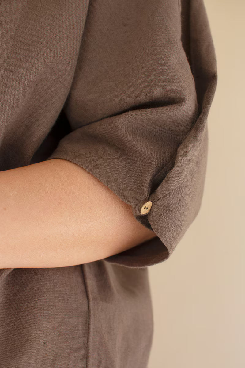 Oregano Short-Sleeve Blouse with Button Detail on Sleeves