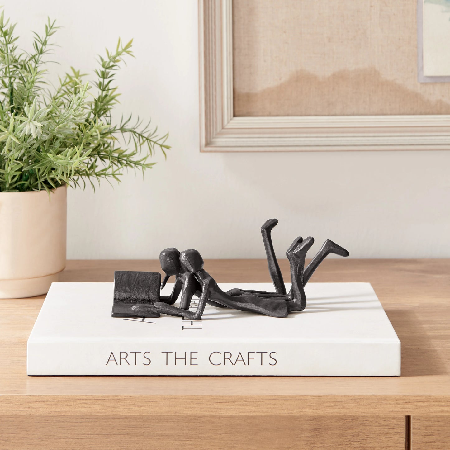 Brown Cast Iron Abstract Couple Reading Book Together Sculpture - Tabletop Figurine For Desks or Shelves