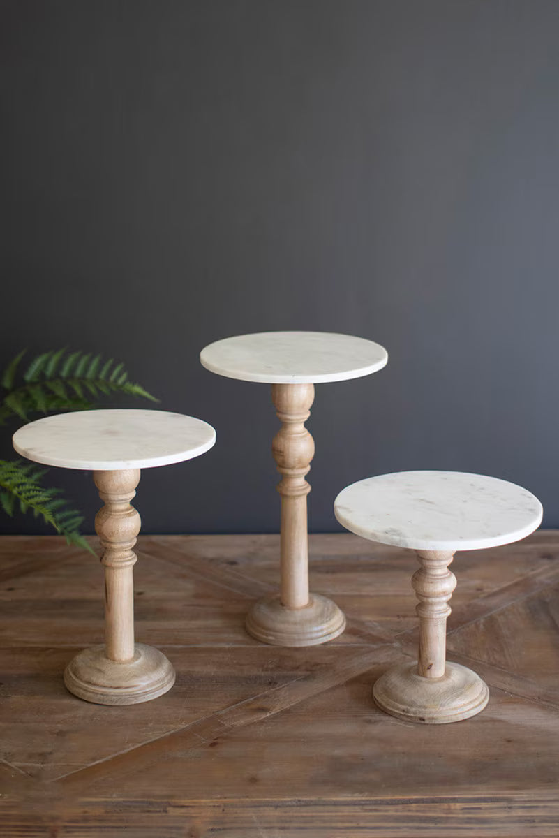 Set of 3 Wooden Display Stands with White Marble Tops