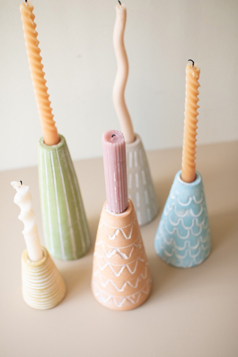 Set of 5 Painted Clay Party Hat Candle Taper Holders