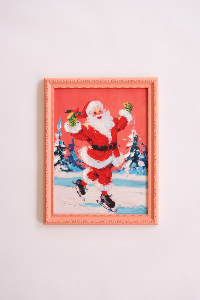Framed Ice Skating Santa Painting