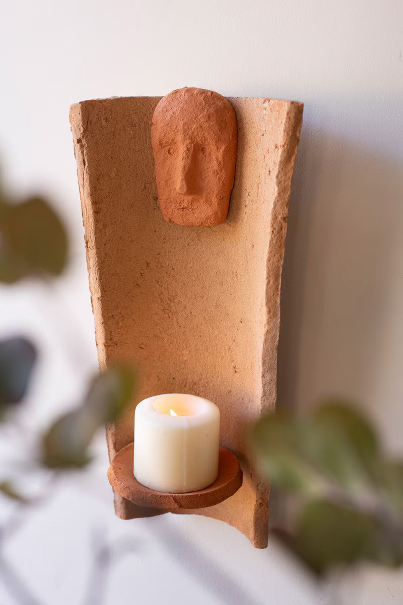 Clay Roofing Tile Candle Holder with Face