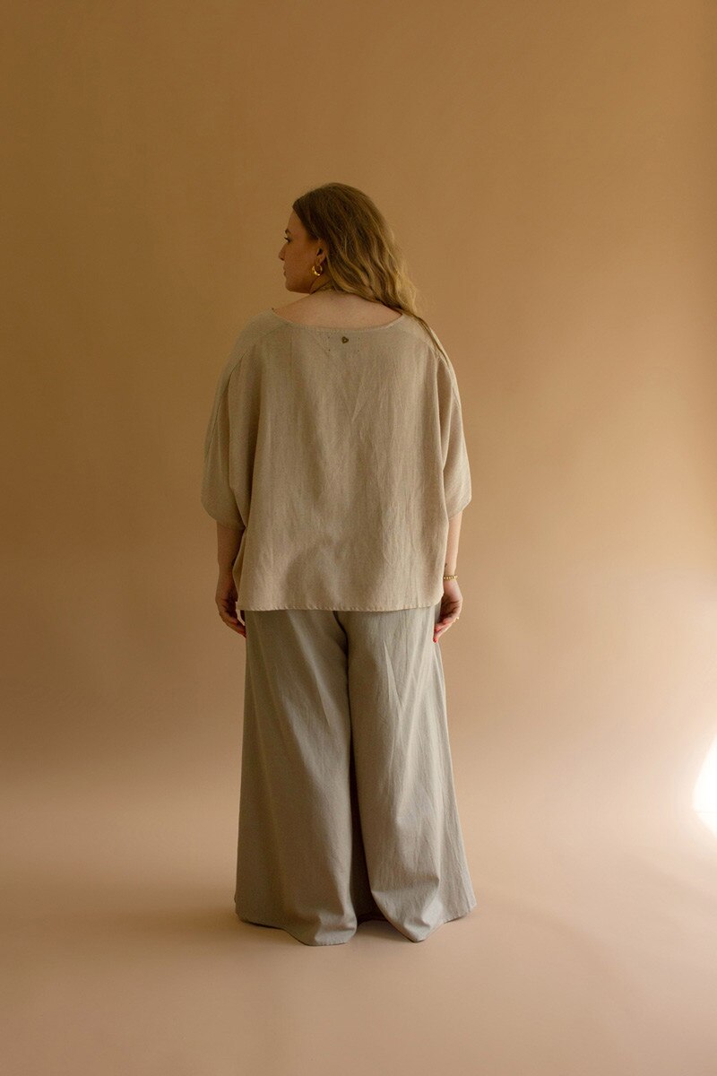 Short-Sleeve Blouse with Button Detail on Sleeves Oatmeal