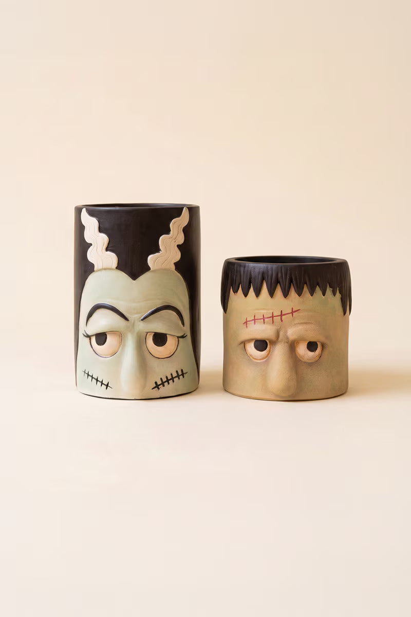 Set of 2 Frankenstein and Bride Resin Planters