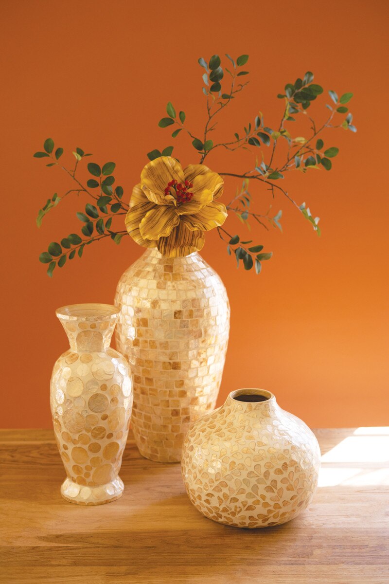 Medium Spun Bamboo Vase with Neutral Capiz Shell Detail