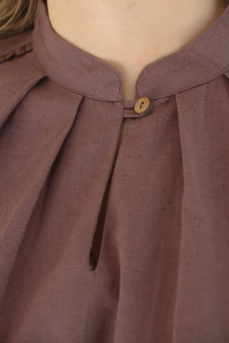 Mulberry High-Neck Shortsleeve Blouse with Flat Pom-Pom Lace Detail