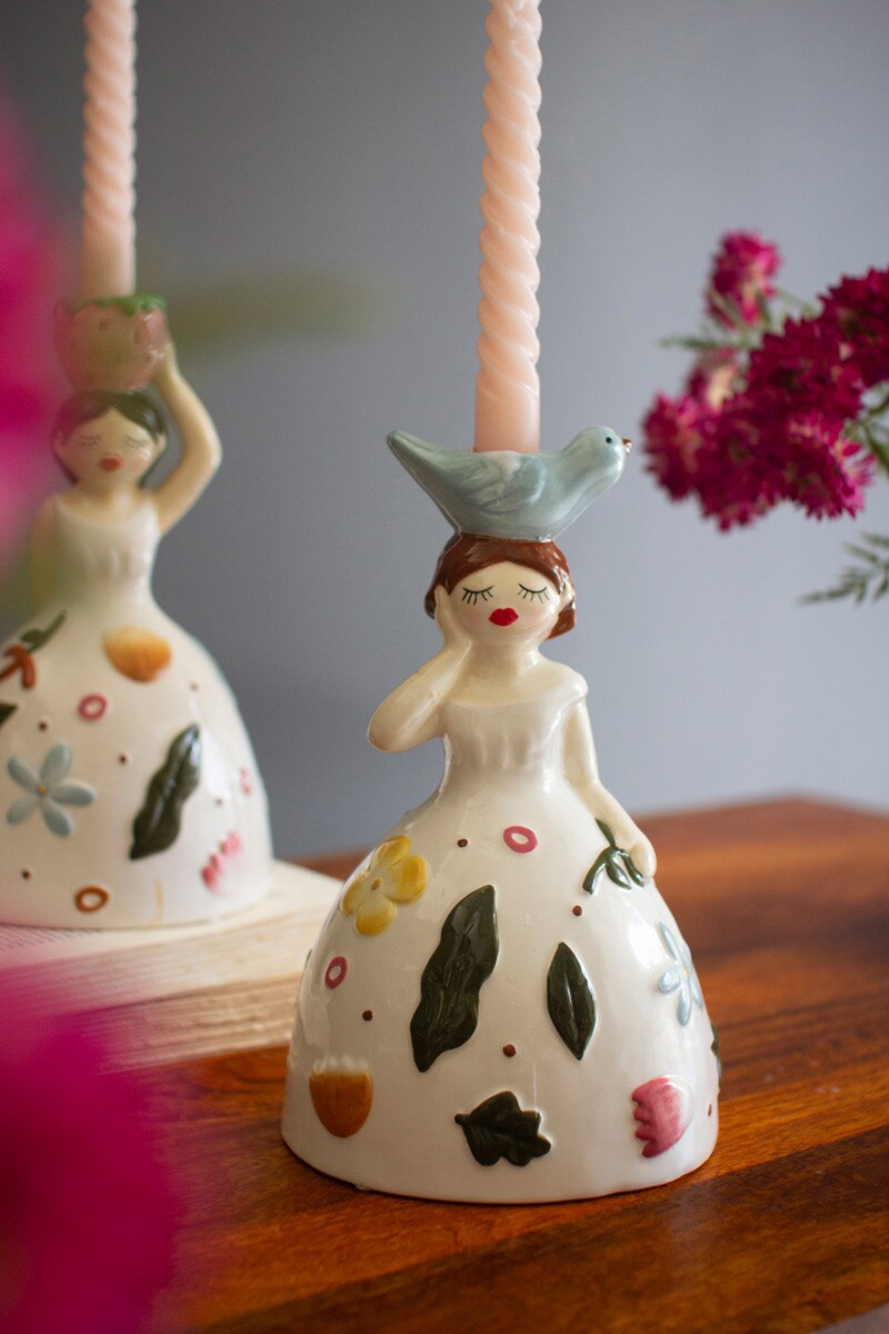 Set of 2 Ceramic Girl Taper Candle Holders